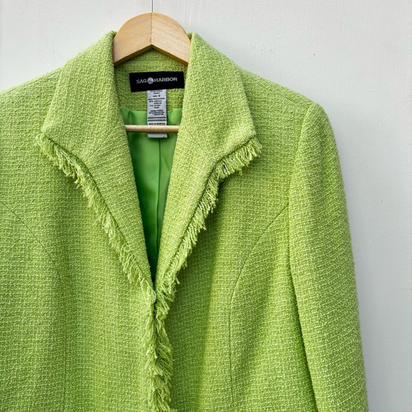 Sag Harbor Lined Blazer Jacket Bright Green Fringe Acrylic Women’s Size 12 - Picture 3 of 13